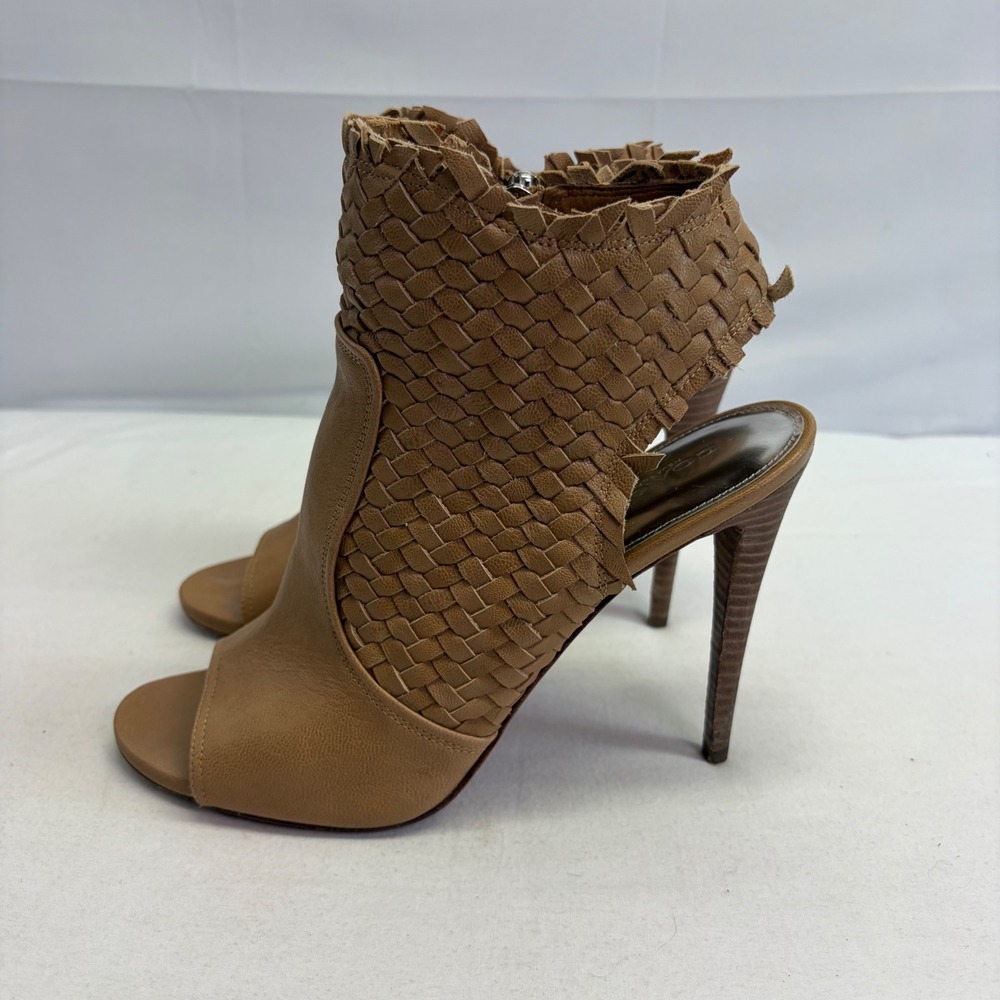 Coach Julie Booties Women 8.5 Tan Woven Leather Open Toe Stiletto Heels